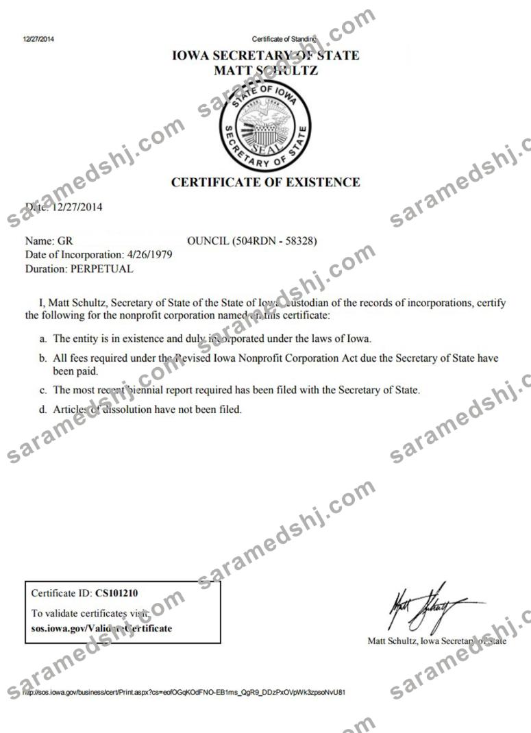 USA Iowa certificate of good standing